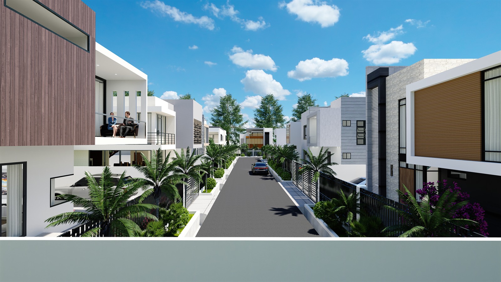 Bridge City Estate: the internal street seen from a roof terrace, houses either side, palms along both frontages and two people sitting out on a first-floor balcony.