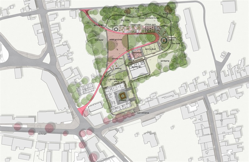 Masterplan of the scheme set into the surrounding village: an activity lane looping through the green, with playground, outdoor gym, mini football and basketball to one side, event grounds and a social meeting place at the entrance, and around the edges a mixed woodland forest, quiet area, gardening plots, two bird hotels, and a pollination station with a bee hotel beside it.