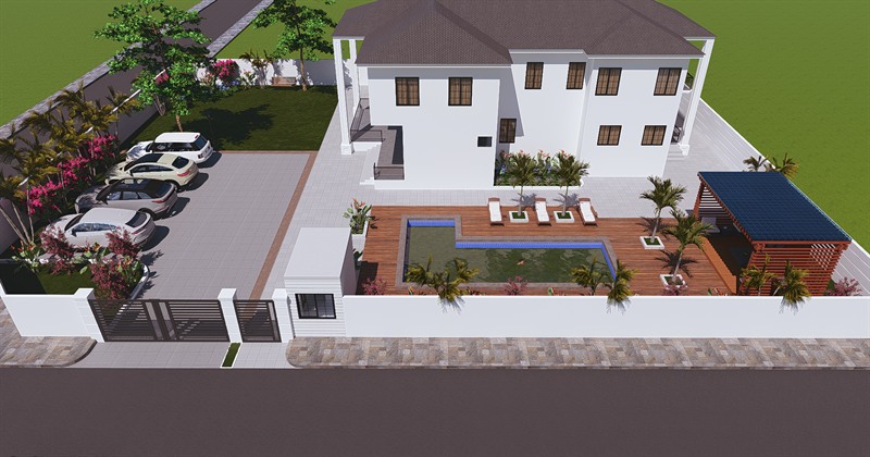 Project Maxpro: the garden from above, the house at the top, a pool and timber deck at its foot.