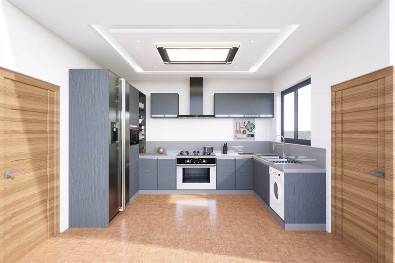 The kitchen: grey-fronted units in a U under a recessed ceiling panel, an extractor over the hob, a window above the sink and timber doors on both sides.