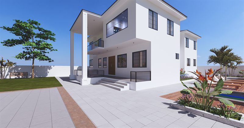 Project Maxpro: the house from the paved forecourt, two storeys in white render with a recessed entrance and a balcony over, columns carrying a canopy to the left and bird-of-paradise planting to the right.