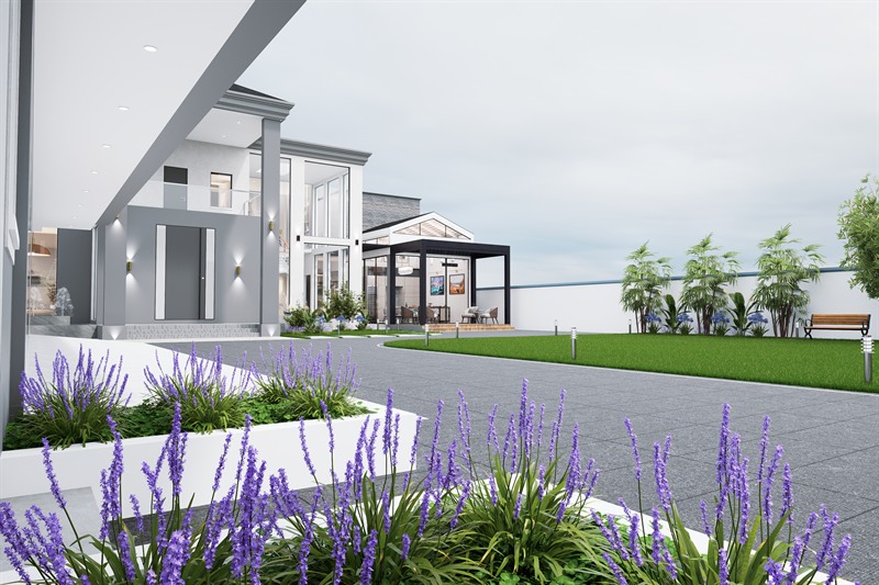Project Onyx: the compound from inside the gate, a canopy overhead, the entrance and a glazed garden pavilion beyond, lawn to one side and lavender in raised white planters along the drive.
