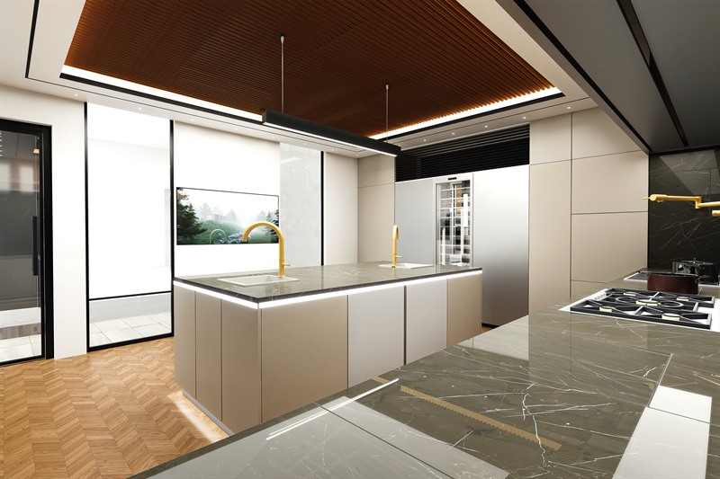 The kitchen, with a slatted timber ceiling over a stone-topped island and a tall wine cabinet set into the run behind it.