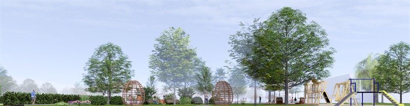 A long section through the garden, left to right: hedge and planting, a timber pod, tree canopy, a second pod, the deck, and the play structure at the far end.