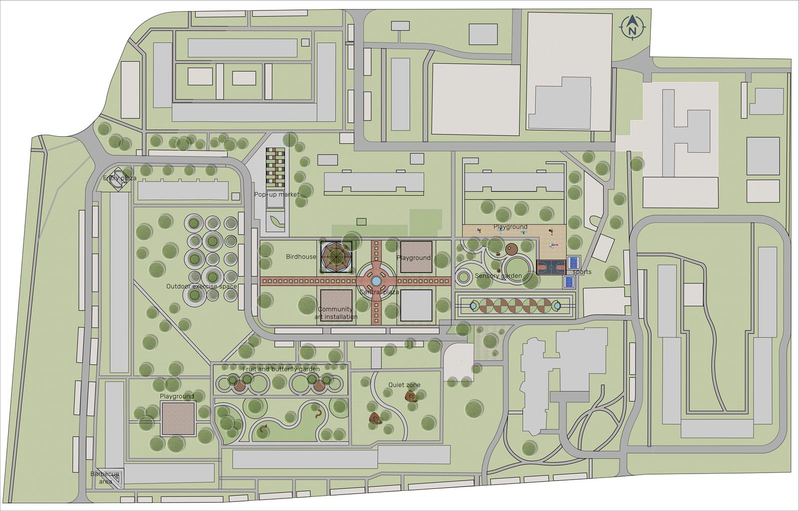 Masterplan of The Urban Green Retreat: an entry plaza and outdoor exercise space to the west, a central plaza with a birdhouse and a community art installation, playgrounds, a pop-up market, a fruit and butterfly garden and a quiet zone to the south, and sports courts to the east. The Sensory Garden is marked with a dashed rectangle, north of a water feature and south of a playground.