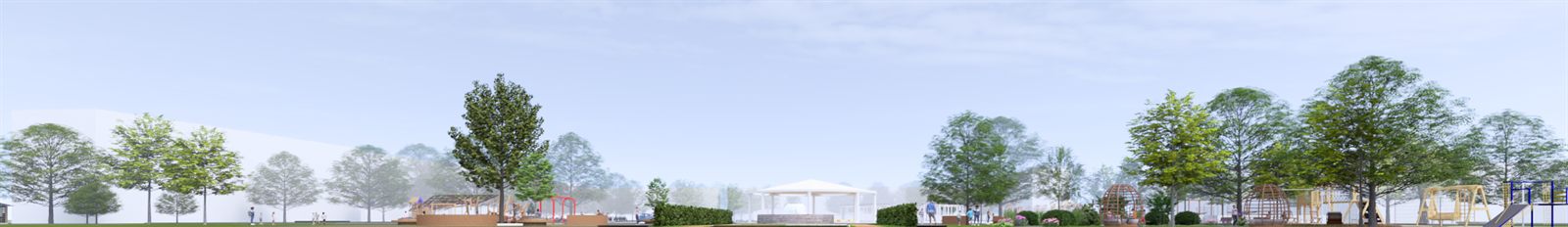 A long section across the whole site, left to right: trees over mown grass, a raised seat wall, a red play frame, a clipped hedge, a white fabric pavilion at the centre, then timber climbing domes and further play equipment.