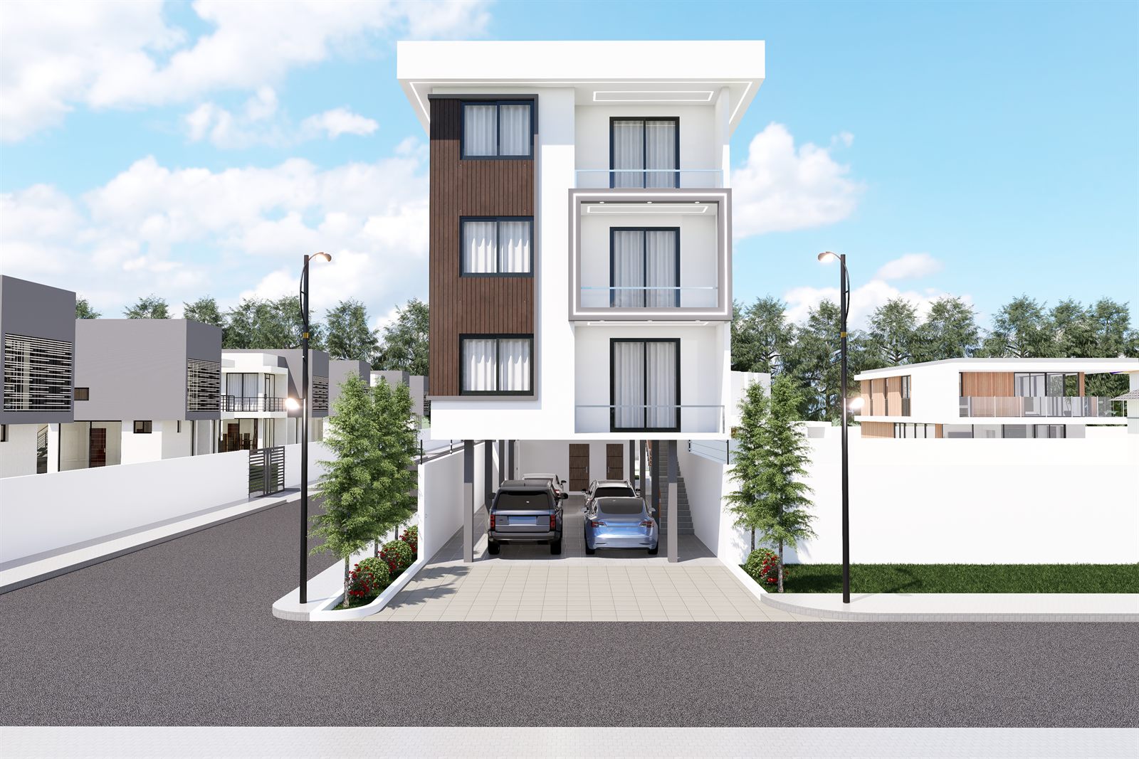 St. Luke Apartment square on from the road: four storeys in white render with a timber-clad bay up the left of the front and stacked balconies at the centre, over an open ground floor where two cars are parked between the columns.