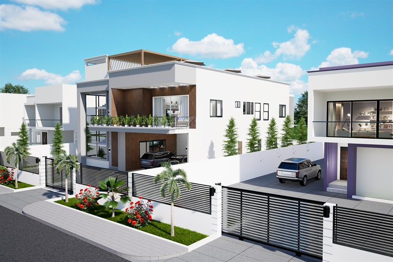 Project Topaz from the street corner: two storeys in white render with a timber-clad bay and a covered carport below the first floor.