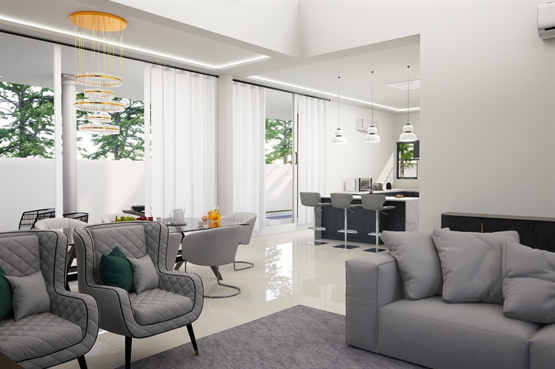 The living and dining space, with armchairs and a dining table in front of full-height curtained glazing and the kitchen island beyond.